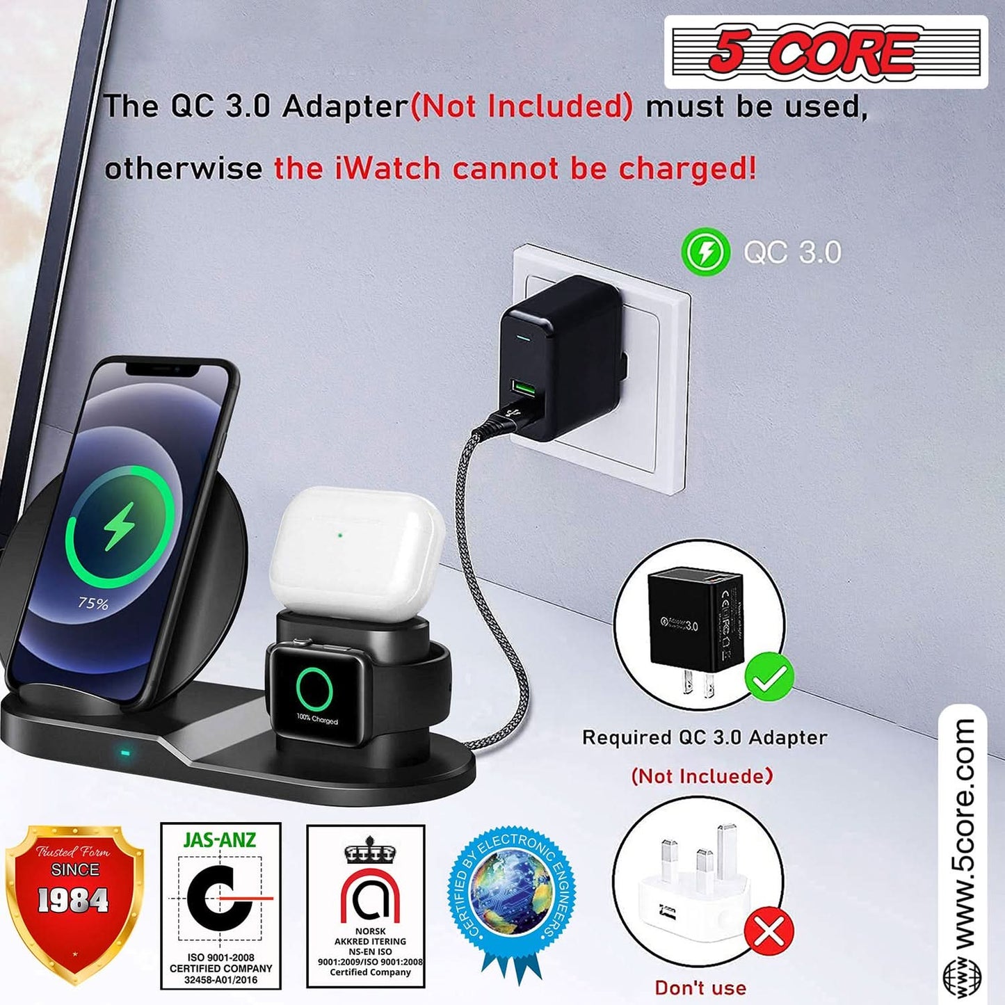 5Core Fast 3 in 1 Wireless Charging Station 10W Phone Watch Earpod Charger