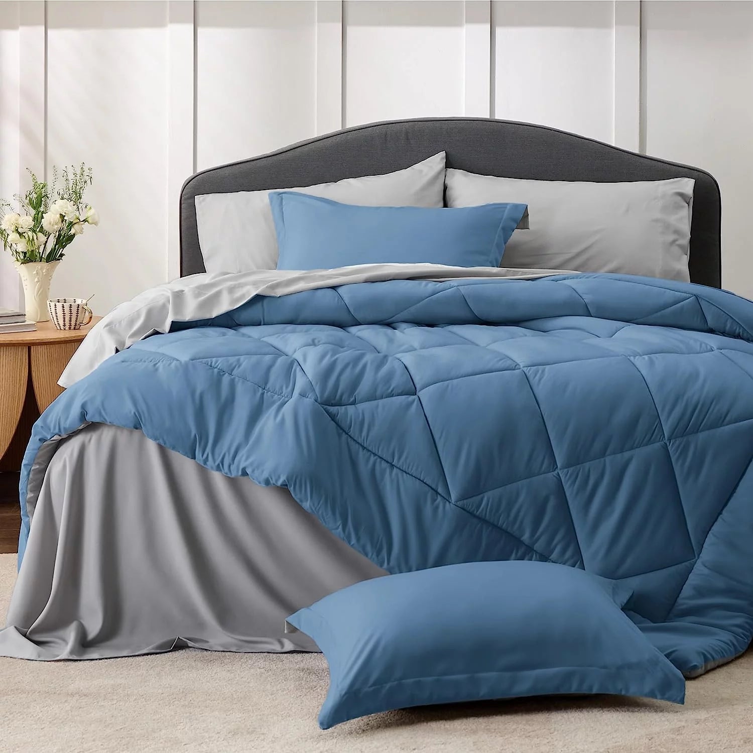 Blue Comforter Set Queen - 7 Pieces Reversible Blue Bed in a Bag with Comforters, Sheets, Pillowcases & Shams, Queen Blue Bed Set