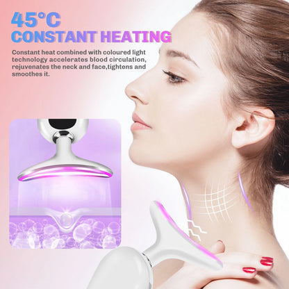 Firming Wrinkle Removal Device for Neck Face, Double Chin Reducer Machine with 45 +5℃ Heat & 3 Color Modes for Skin Care, Face Lift, Improve, Smooth and Tightening Skin, White