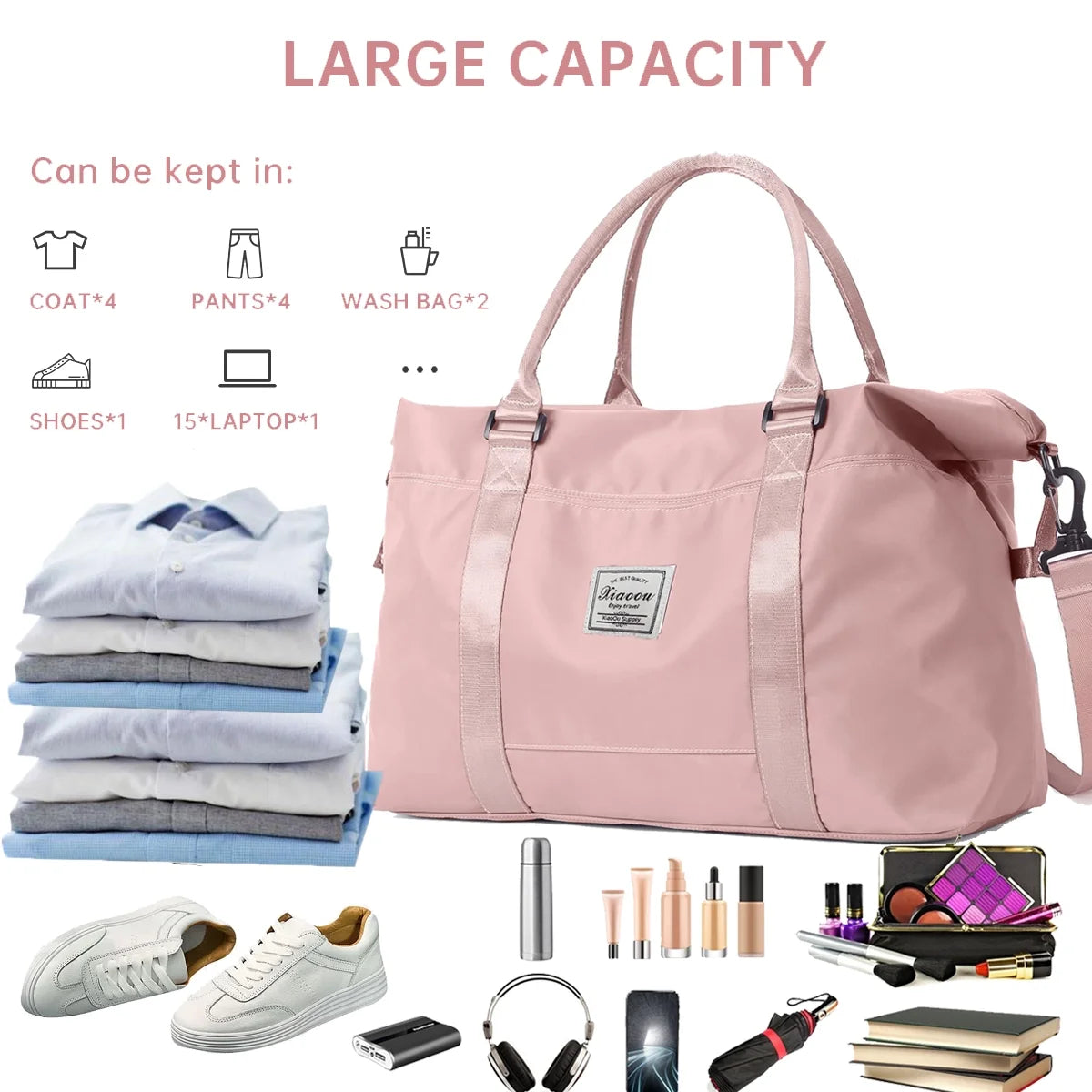 24" Weekender Bags for Women, 37L Travel Duffle Bags Carry on Gym Tote Bag, Overnight Bag with Wet Dry Pocket/Front Phone Pocket/Trolley Sleeve Pocket for Travel, Airline Approved, Pink