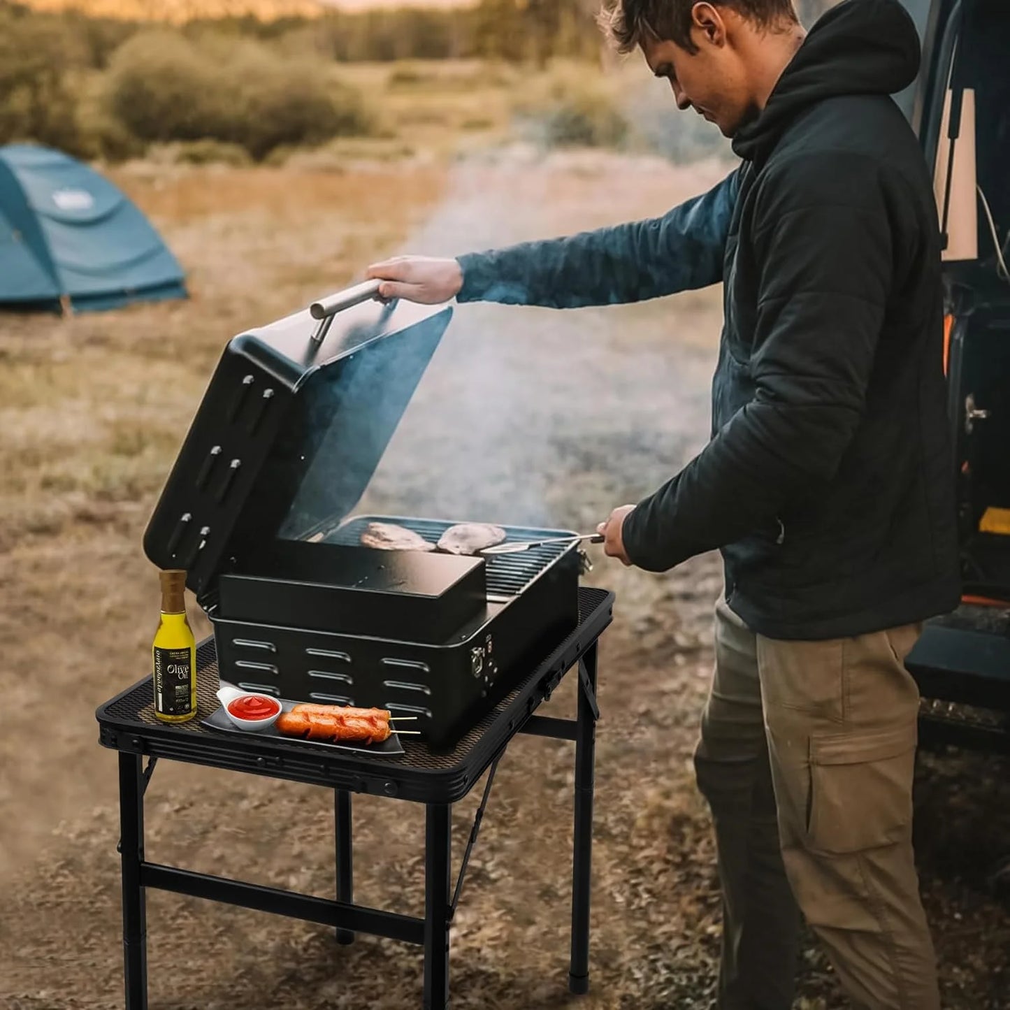 Folding Grill Table Camping Table with Mesh Desktop, Lightweight & Portable Outdoor Picnic Table, Height Adjustable Portable Grill Table for outside inside Use