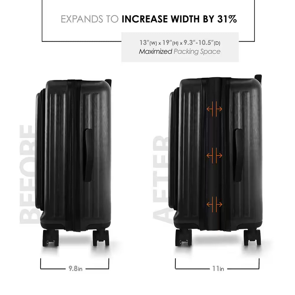 2-Piece Black Hard Carry-On Weekender Luggage Set Expandable Spinner Airline Approved Suitcase Exterior USB Port