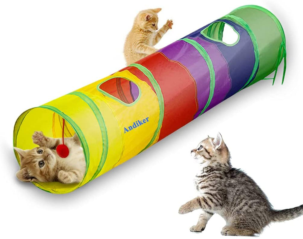 Cat Tunnel, Cat Tubes for Indoor Cats Collapsible Cat Play Toy for Puzzle Exercising Hiding Training and Running with a Red Fun Ball and 2 Holes (25&120Cm) (Colorful)