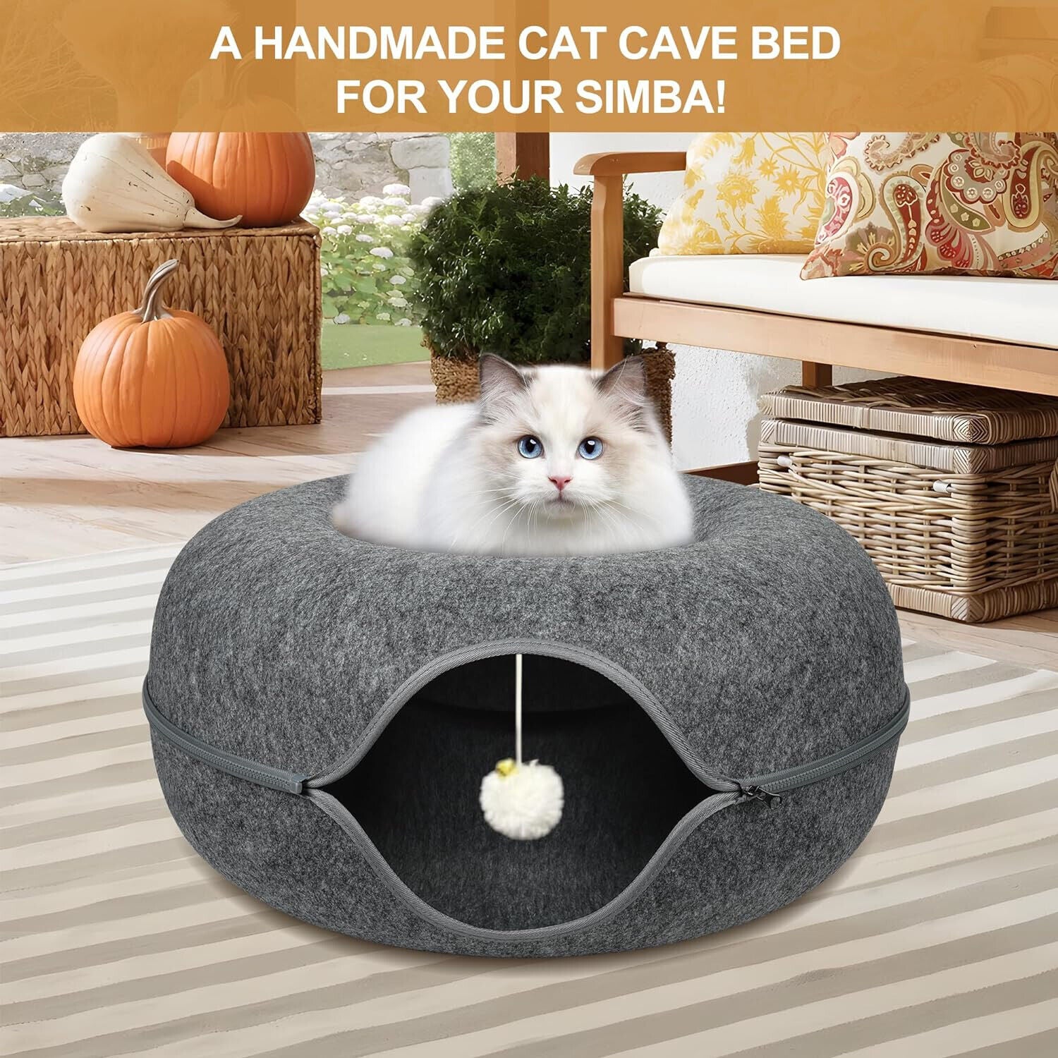 Peekaboo Cat Cave EXTRA LARGE Cat Tunnel Bed Indoor Cats, Cat Donut,Gray, USA