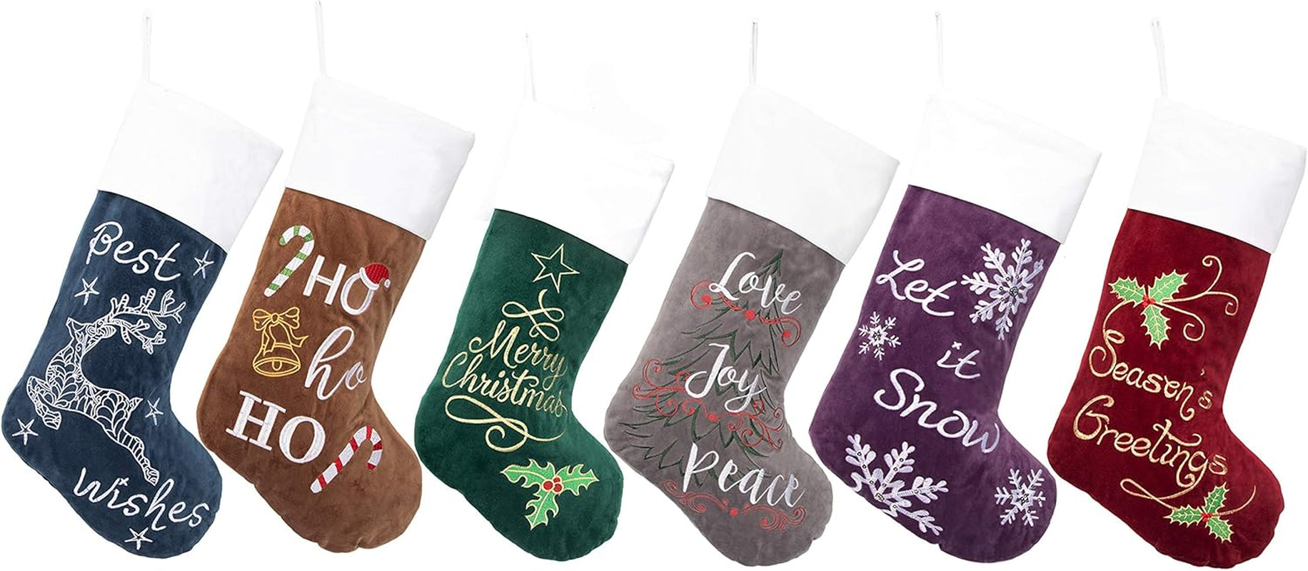 Christmas Stockings 6 Pack for Family 22" Large Embroidered Classic Luxury Velvet Red Green Purple Blue Grey Brown Ornament Decorations for Fireplace Xmas Season (Set of 6)