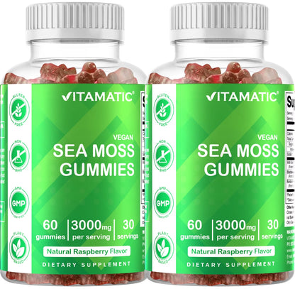 2 Pack  Irish Sea Moss Gummies - 3000 Mg - 60 Vegan Gummies - Made with Bladderwrack & Burdock Root - Seamoss Supplement for Thyroid, Energy, Immune Support