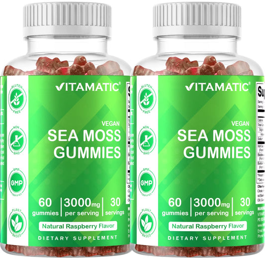 2 Pack  Irish Sea Moss Gummies - 3000 Mg - 60 Vegan Gummies - Made with Bladderwrack & Burdock Root - Seamoss Supplement for Thyroid, Energy, Immune Support