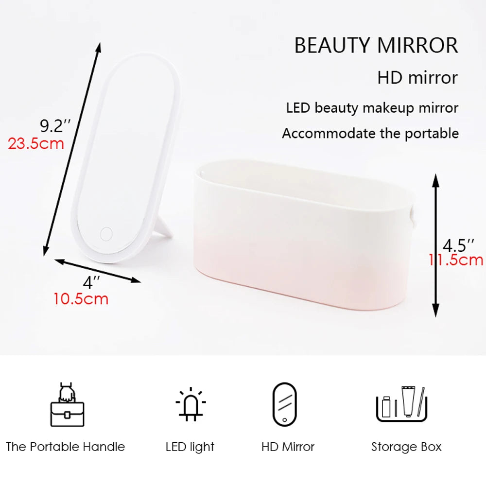 Lighted Makeup Vanity Mirror with Makeup Storage Case Rechargeable LED Light Desktop Makeup Mirror Portable Makeup Beauty Box