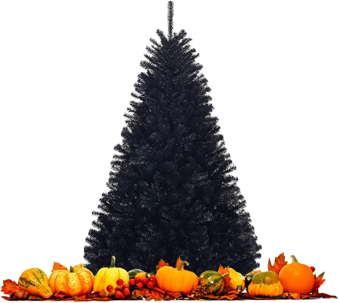 6Ft/7.5Ft Black Artificial Christmas Tree, Unlit Halloween Tree with 1036/1258 Branch Tips and Metal Stand, Easy Assembly, 6FT Holiday Christmas Tree Indoor Outdoor