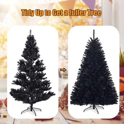 6Ft/7.5Ft Black Artificial Christmas Tree, Unlit Halloween Tree with 1036/1258 Branch Tips and Metal Stand, Easy Assembly, 6FT Holiday Christmas Tree Indoor Outdoor