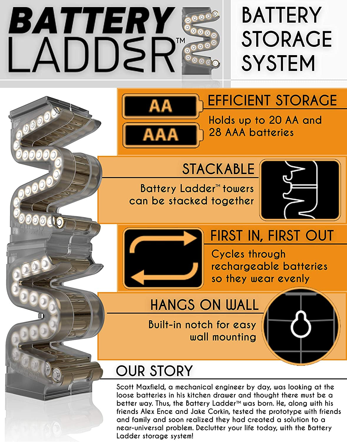 Battery Ladder (TM) Clear AA & AAA Combo Battery Holder/Storage - Vertical Organizer Case That Holds 28 AAA & 20 AA Batteries - Stackable, Expandable and Wall Mountable - Combo Pack