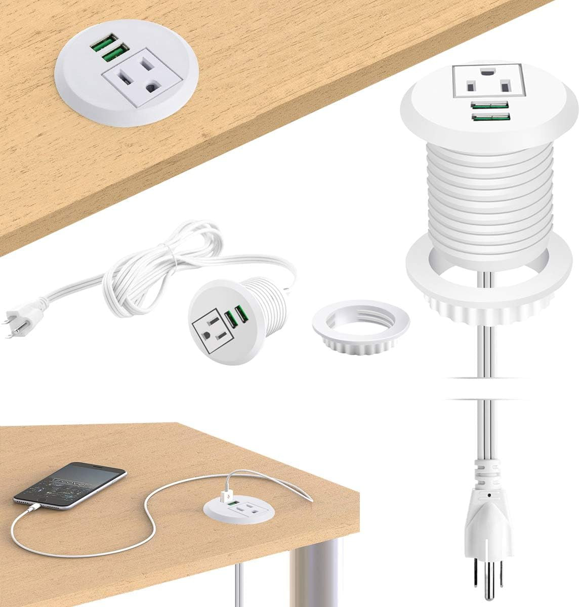 Desktop Power Grommet,Desk Grommet Outlet 2 Inch Hole,Power Grommet with USB, Easy Access to 1 Power Source along with 2 USB Power Port Connections(White)