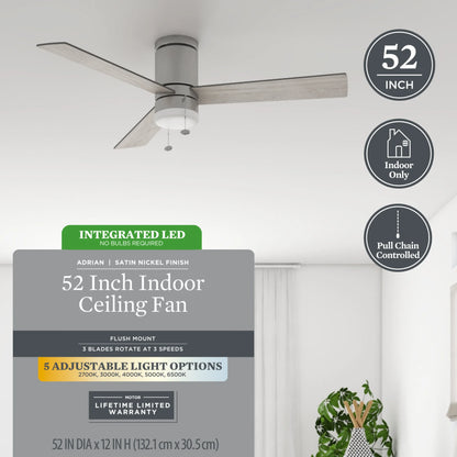 52" Modern Nickel Indoor Flushmount Ceiling Fan with Color Changing Light, Pull Chain Control & Reverse Airflow