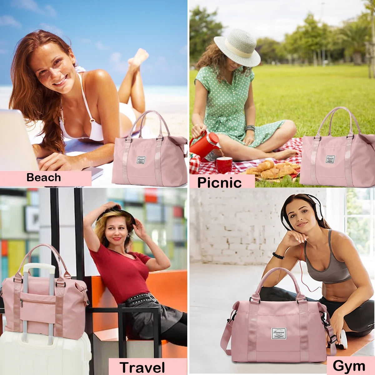 24" Weekender Bags for Women, 37L Travel Duffle Bags Carry on Gym Tote Bag, Overnight Bag with Wet Dry Pocket/Front Phone Pocket/Trolley Sleeve Pocket for Travel, Airline Approved, Pink