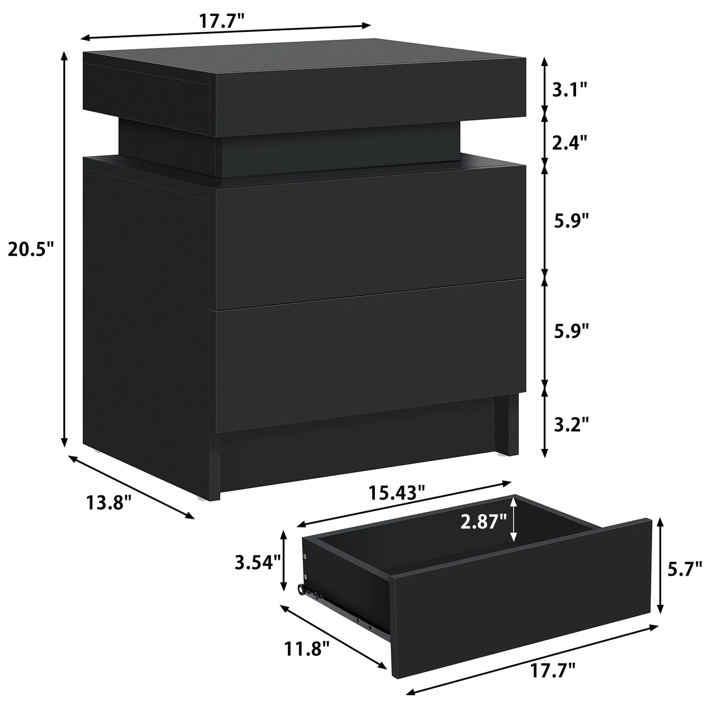 High Gloss LED Nightstand Set of 2 Black Bedside Table with 2 Drawers Modern Night Stand with Drawer Side Table Cabinet with Led Night Stands for Bedroom Side Table for Bed Home Furniture