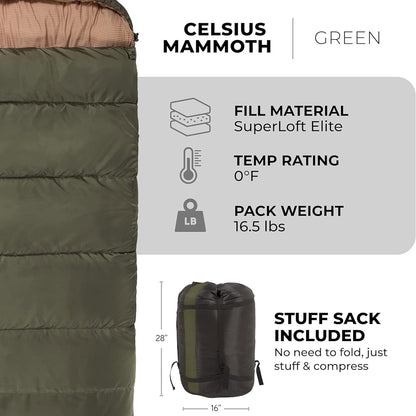 TETON Mammoth, 20 Degree and 0 Degree Sleeping Bags, Double Sleeping Bag, a Warm Bag the Whole Family Can Enjoy. Great Sleeping Bag for Camping, Hunting and Base Camp. Compression Sack Included