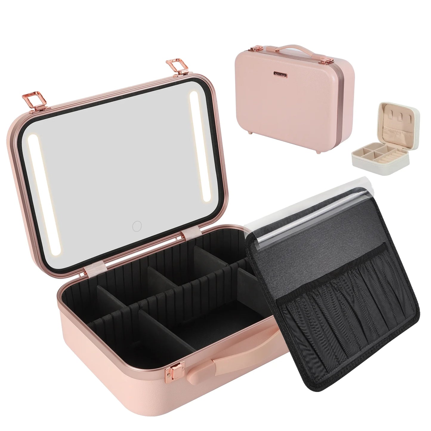 15" Pink Makeup Train Case with Mirror & Light & Jewelry Organizer Cosmetic Case Box with Brushes Board