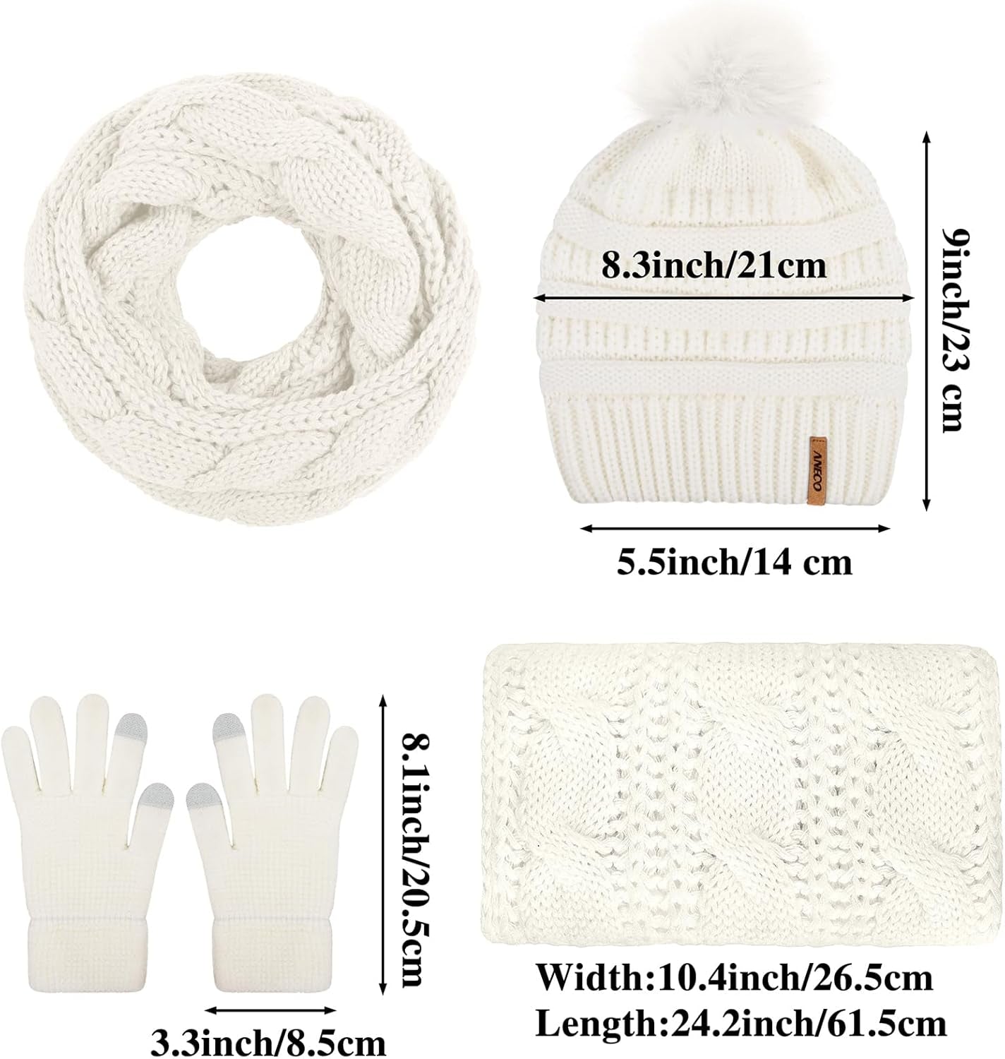 Womens Winter Warm Sets Knitted Fur Pompoms Beanie Hat Circle Loop Scarf Touch Screen Gloves Winter Favor Accessories