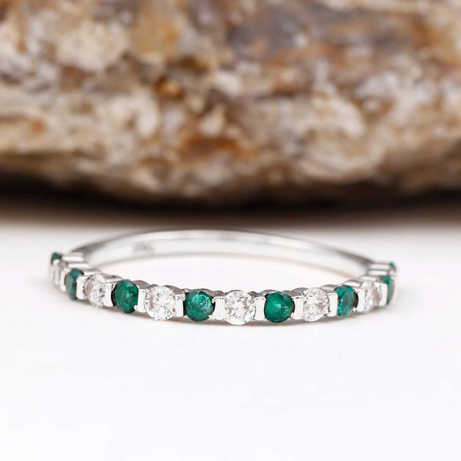 Real Emerald Half Eternity Ring with Moissanite for Women (0.75 CT, AAA Quality), 925 Sterling Silver, US 8.00