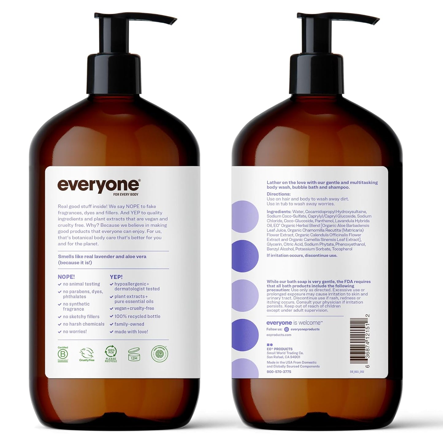 3-In-1 Soap, Body Wash, Bubble Bath, Shampoo, 32 Ounce, Lavender and Aloe, Coconut Cleanser with Organic Plant Extracts and Pure Essential Oils (Packaging May Vary) (Pack of 2)