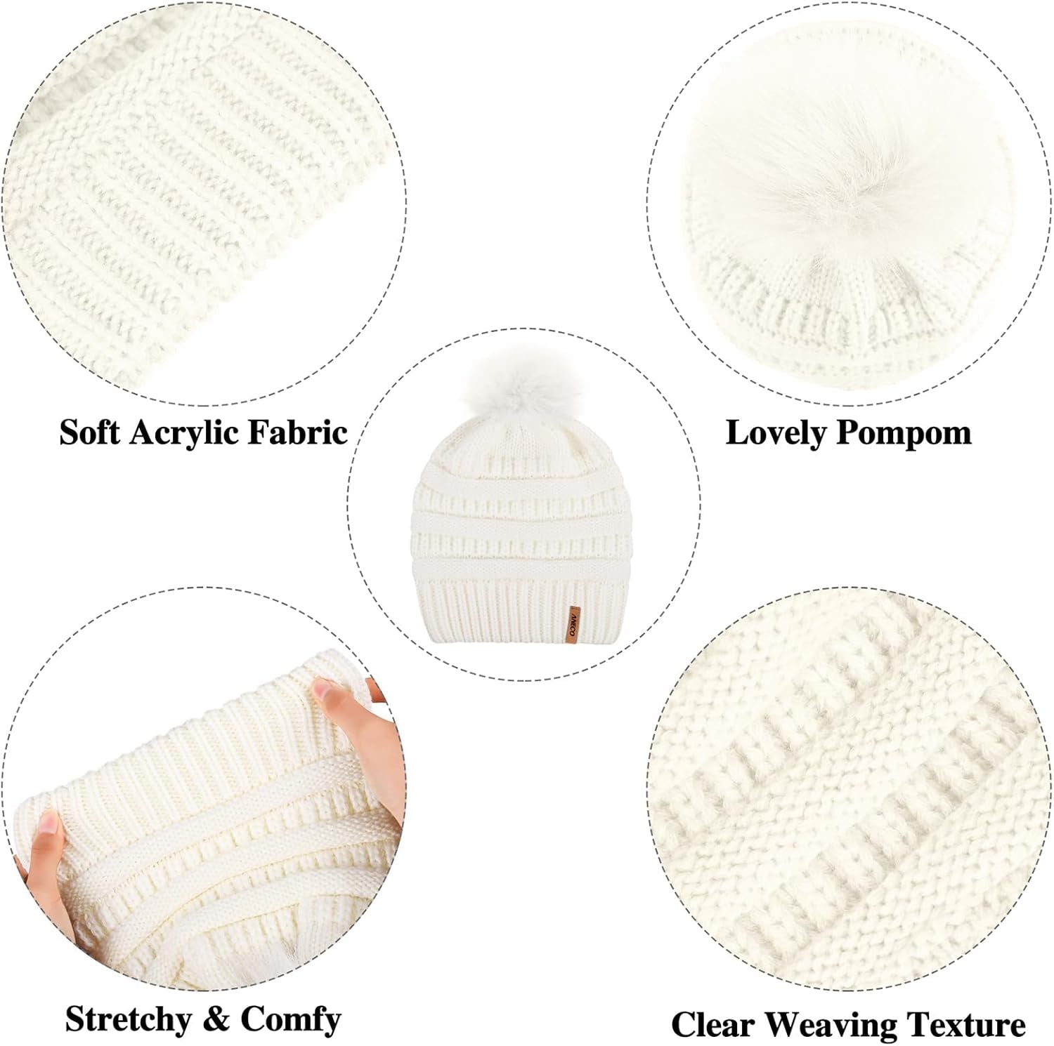 Womens Winter Warm Sets Knitted Fur Pompoms Beanie Hat Circle Loop Scarf Touch Screen Gloves Winter Favor Accessories