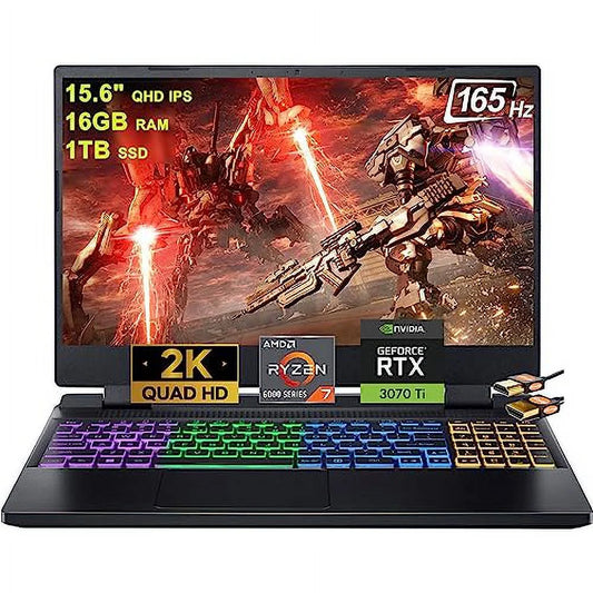 Nitro 5 15 Gaming Laptop 15.6" QHD IPS 165Hz Display AMD Octa-Core Ryzen 7 6800H (Beat I7-11370H) 16GB RAM 1TB SSD Geforce Rtx3070Ti 8GB Graphic RGB Backlit HDMI USB-C Win11Pro Black + HDMI Cable