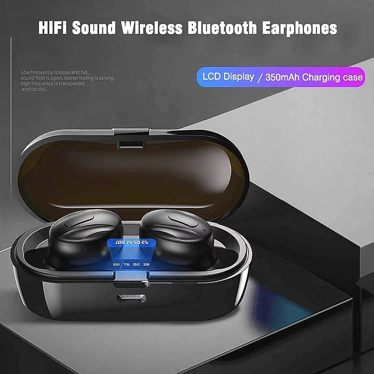 True Wireless Earbuds, TWS Stereo Waterproof Bluetooth in Ear Earphones with Charging Case, Noise Cancellation, Built-In Mic for Sports & Work