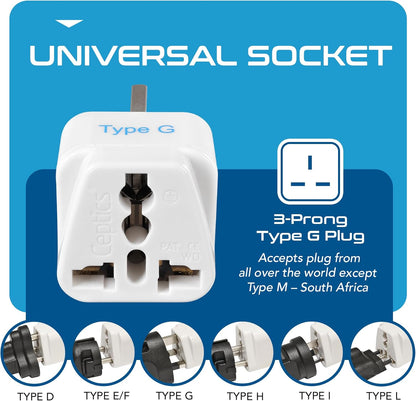 UK, Hong Kong, Ireland, UAE Travel Plug Adapter (Type G) - 3 Pack [Grounded & Universal] (GP-7-3PK), White, Standard