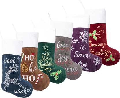 Christmas Stockings 6 Pack for Family 22" Large Embroidered Classic Luxury Velvet Red Green Purple Blue Grey Brown Ornament Decorations for Fireplace Xmas Season (Set of 6)