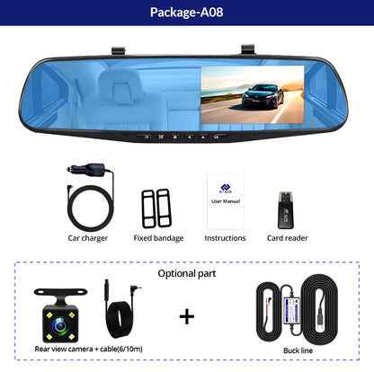 Dash Cam 4.3 Inches Car DVR Rearview Mirror Driving Recorder Dual Lens Front and Rear Camera Video Recorder Black Box