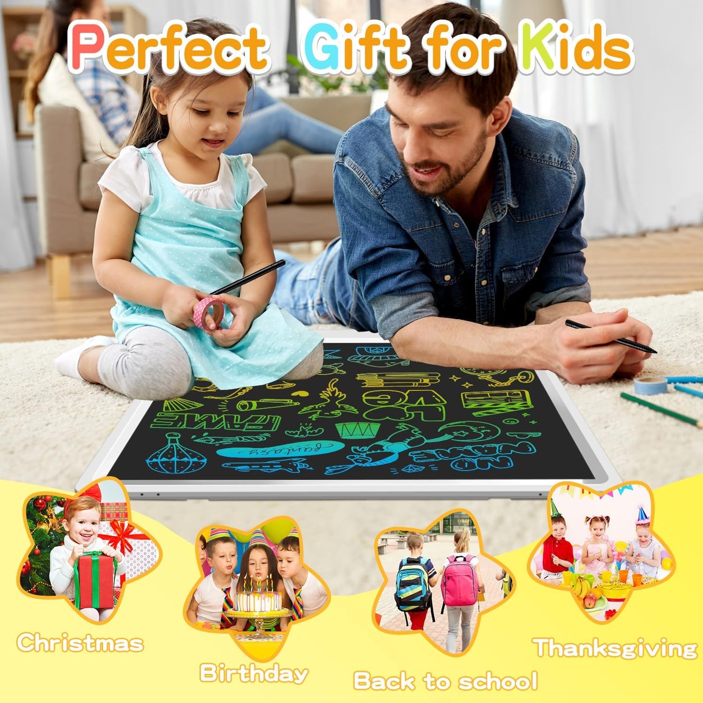 22" Kids & Adult Color LCD Drawing & Writing Board - Premium Gift Idea, Large Canvas, Adjustable Stand, Bright Display, Includes Ruler for Creative Art, Math, and Note-Taking