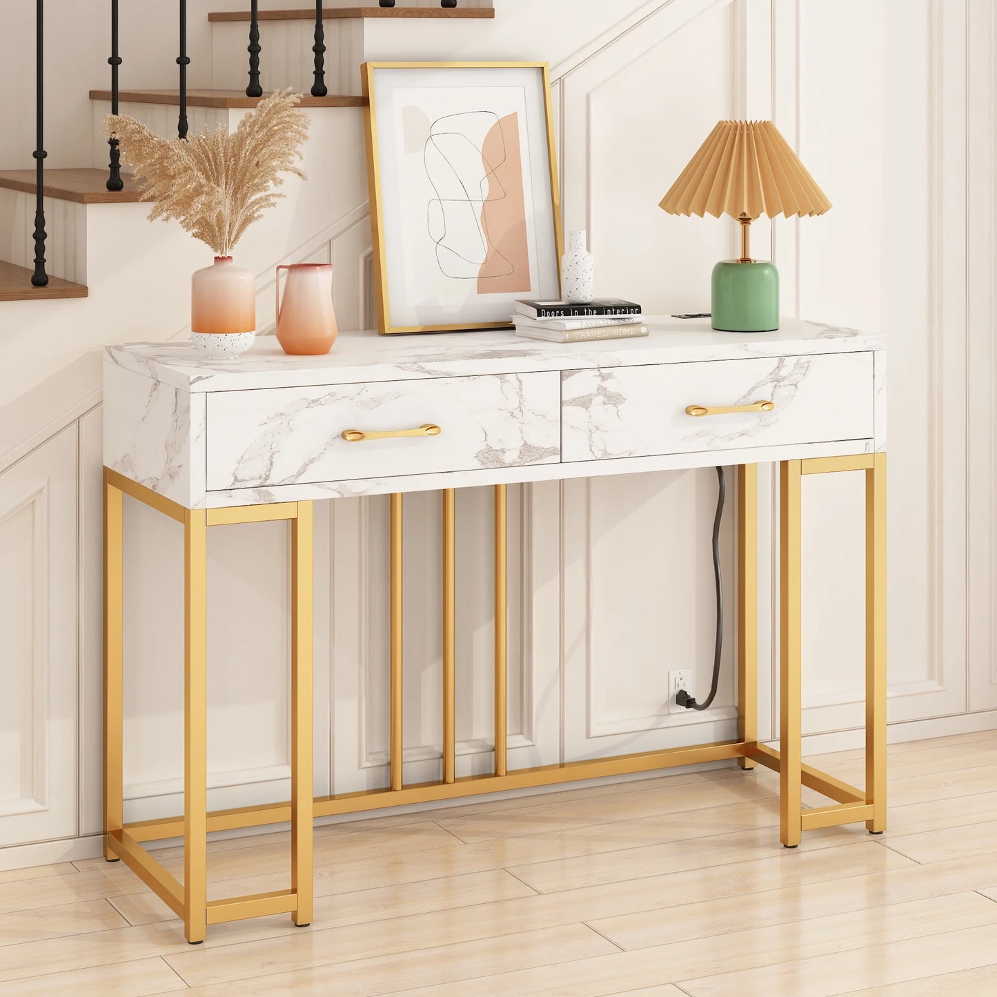 Console Table Modern Entryway with Storage Drawers Outlets USB, Narrow Faux Marble Sofa Coffee Desk, Home Furniture Decor Indoor,Gold & White